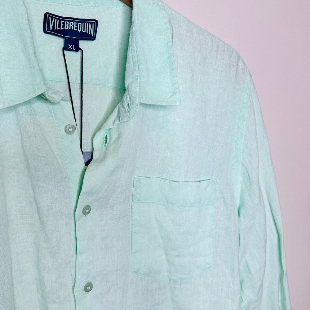 Vilebrequin Caroubis Linen Shirt Size XL Garment Dyed Light Green Vert d'eau - Picture 2 of 13